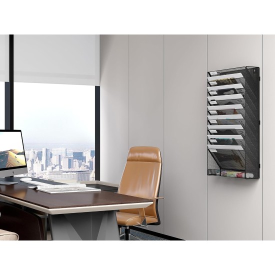EasyPAG 10-Tier Wall-Mounted File Organizer with Label Board Compartments, Durable Black Metal Mesh, Extra Bottom Shelf for Storage, Great for Office, Home Use. EasyPAG 10-Tier Wall-Mounted File Organizer with Label Board Compartments, Durable Black Metal Mesh, Extra Bottom Shelf for Storage, Great for Office, Home Use.