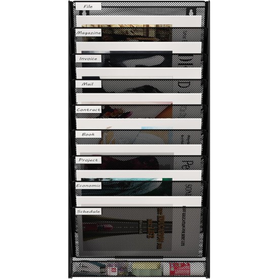 EasyPAG 10-Tier Wall-Mounted File Organizer with Label Board Compartments, Durable Black Metal Mesh, Extra Bottom Shelf for Storage, Great for Office, Home Use. EasyPAG 10-Tier Wall-Mounted File Organizer with Label Board Compartments, Durable Black Metal Mesh, Extra Bottom Shelf for Storage, Great for Office, Home Use.