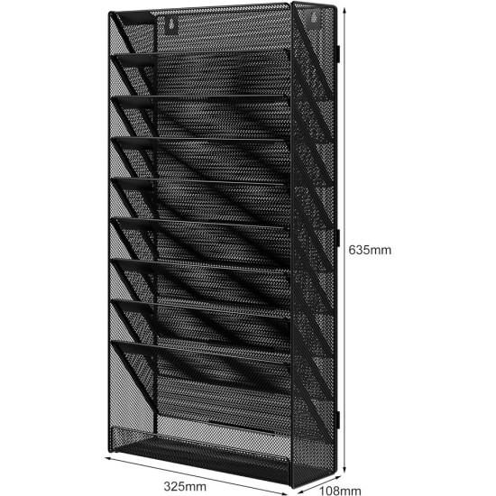 EasyPAG 10-Tier Wall-Mounted File Organizer with Label Board Compartments, Durable Black Metal Mesh, Extra Bottom Shelf for Storage, Great for Office, Home Use. EasyPAG 10-Tier Wall-Mounted File Organizer with Label Board Compartments, Durable Black Metal Mesh, Extra Bottom Shelf for Storage, Great for Office, Home Use.
