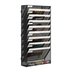 EasyPAG 10-Tier Wall-Mounted File Organizer with Label Board Compartments, Durable Black Metal Mesh, Extra Bottom Shelf for Storage, Great for Office, Home Use.