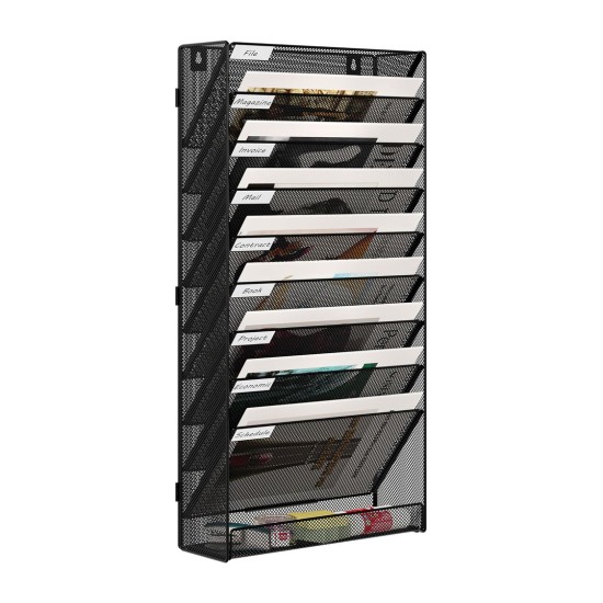 EasyPAG 10-Tier Wall-Mounted File Organizer with Label Board Compartments, Durable Black Metal Mesh, Extra Bottom Shelf for Storage, Great for Office, Home Use. EasyPAG 10-Tier Wall-Mounted File Organizer with Label Board Compartments, Durable Black Metal Mesh, Extra Bottom Shelf for Storage, Great for Office, Home Use.
