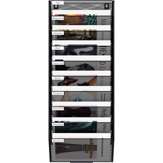 EasyPAG 10-layer wall-mounted document rack, mail organizer, metal material, 10 compartments, magazine storage rack, each layer with label board, efficient document management. EasyPAG 10-layer wall-mounted document rack, mail organizer, metal material, 10 compartments, magazine storage rack, each layer with label board, efficient document management.