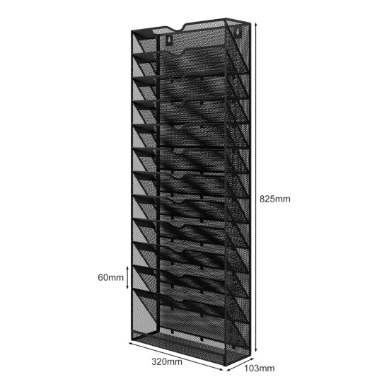 EasyPAG 13-layer vertical file organizer, durable black metal mesh, 13-layer slots, smooth surface with labels, suitable for office, home.