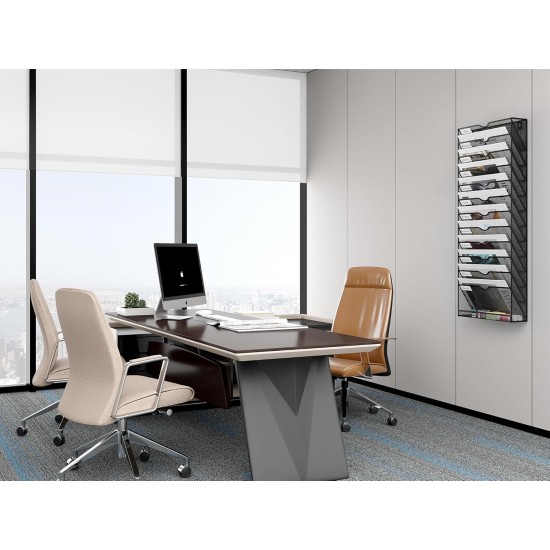 EasyPAG 13-layer vertical file organizer, durable black metal mesh, 13-layer slots, smooth surface with labels, suitable for office, home.