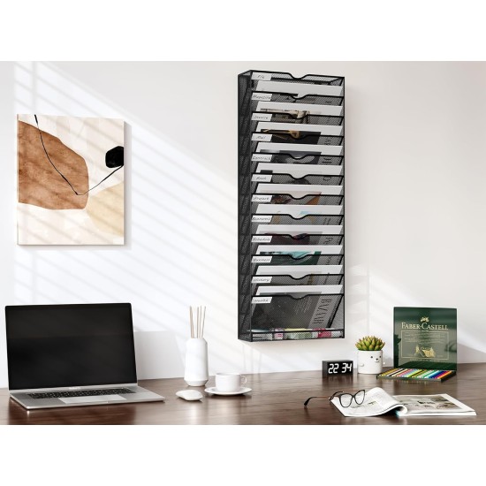 EasyPAG 13-layer vertical file organizer, durable black metal mesh, 13-layer slots, smooth surface with labels, suitable for office, home.