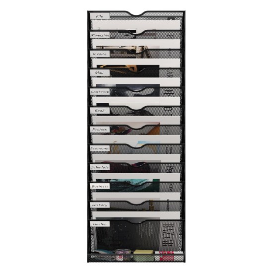 EasyPAG 13-layer vertical file organizer, durable black metal mesh, 13-layer slots, smooth surface with labels, suitable for office, home.