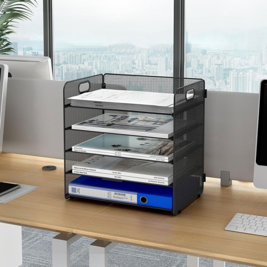EasyPAG 5-Tier Grid File Organizer, Rectangular Design, Black Metal Mesh, Removable Shelves, Convenient Side Handles, Suitable for Office Use. EasyPAG 5-Tier Grid File Organizer, Rectangular Design, Black Metal Mesh, Removable Shelves, Convenient Side Handles, Suitable for Office Use.