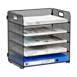 EasyPAG 5-Tier Grid File Organizer, Rectangular Design, Black Metal Mesh, Removable Shelves, Convenient Side Handles, Suitable for Office Use.
