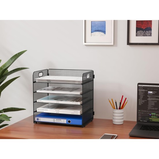 EasyPAG 5-Tier Grid File Organizer, Rectangular Design, Black Metal Mesh, Removable Shelves, Convenient Side Handles, Suitable for Office Use. EasyPAG 5-Tier Grid File Organizer, Rectangular Design, Black Metal Mesh, Removable Shelves, Convenient Side Handles, Suitable for Office Use.