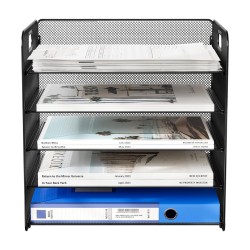EasyPAG 5-Tier Grid File Organizer, Rectangular Design, Black Metal Mesh, Removable Shelves, Convenient Side Handles, Suitable for Office Use.