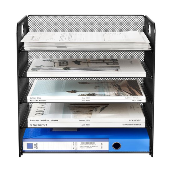 EasyPAG 5-Tier Grid File Organizer, Rectangular Design, Black Metal Mesh, Removable Shelves, Convenient Side Handles, Suitable for Office Use. EasyPAG 5-Tier Grid File Organizer, Rectangular Design, Black Metal Mesh, Removable Shelves, Convenient Side Handles, Suitable for Office Use.