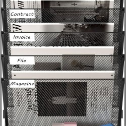 EasyPAG 6-layer wall-mounted file rack, vertical design, durable black metal mesh, with label board, ready to assemble, extra shelf at the bottom, suitable for office, home and students.