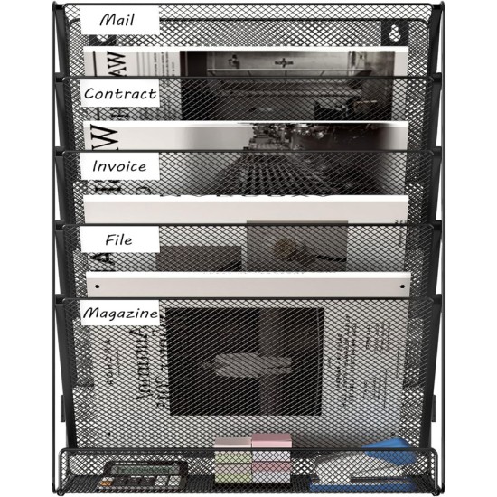 EasyPAG 6-layer wall-mounted file rack, vertical design, durable black metal mesh, with label board, ready to assemble, extra shelf at the bottom, suitable for office, home and students. EasyPAG 6-layer wall-mounted file rack, vertical design, durable black metal mesh, with label board, ready to assemble, extra shelf at the bottom, suitable for office, home and students.