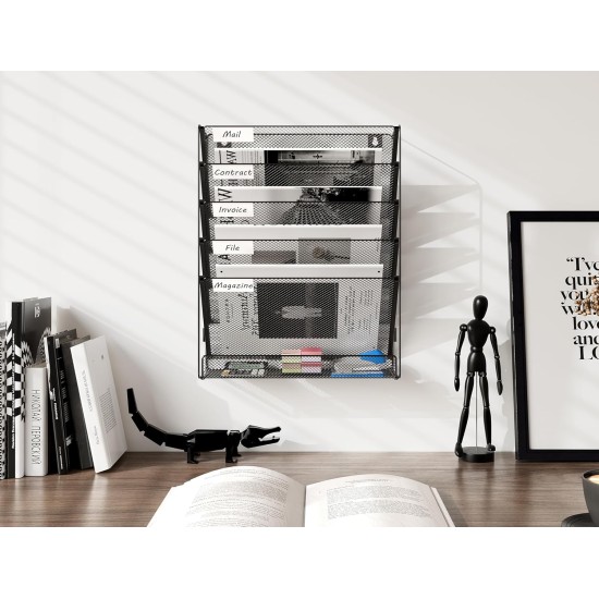 EasyPAG 6-layer wall-mounted file rack, vertical design, durable black metal mesh, with label board, ready to assemble, extra shelf at the bottom, suitable for office, home and students. EasyPAG 6-layer wall-mounted file rack, vertical design, durable black metal mesh, with label board, ready to assemble, extra shelf at the bottom, suitable for office, home and students.