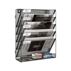 EasyPAG 6-layer wall-mounted file rack, vertical design, durable black metal mesh, with label board, ready to assemble, extra shelf at the bottom, suitable for office, home and students.