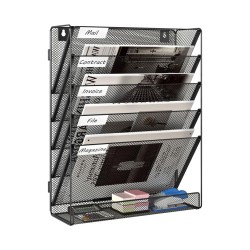 EasyPAG 6-layer wall-mounted file rack, vertical design, durable black metal mesh, with label board, ready to assemble, extra shelf at the bottom, suitable for office, home and students.