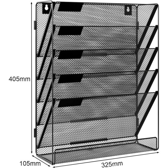 EasyPAG 6-layer wall-mounted file rack, vertical design, durable black metal mesh, with label board, ready to assemble, extra shelf at the bottom, suitable for office, home and students. EasyPAG 6-layer wall-mounted file rack, vertical design, durable black metal mesh, with label board, ready to assemble, extra shelf at the bottom, suitable for office, home and students.