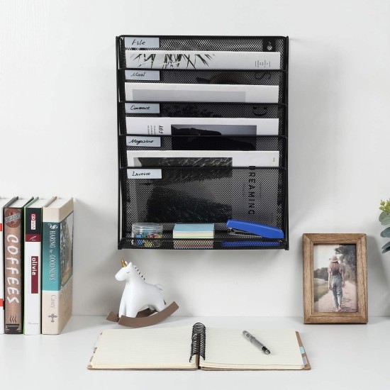 EasyPAG 6-layer wall-mounted file organizer, upgraded version. Five tilted compartments, lower tray, durable black metal mesh, modern minimalist style.