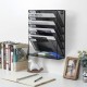 EasyPAG 6-layer wall-mounted file organizer, upgraded version. Five tilted compartments, lower tray, durable black metal mesh, modern minimalist style.