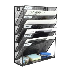 EasyPAG 6-layer wall-mounted file organizer, upgraded version. Five tilted compartments, lower tray, durable black metal mesh, modern minimalist style.
