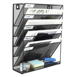 EasyPAG 6-layer wall-mounted file organizer, upgraded version. Five tilted compartments, lower tray, durable black metal mesh, modern minimalist style.
