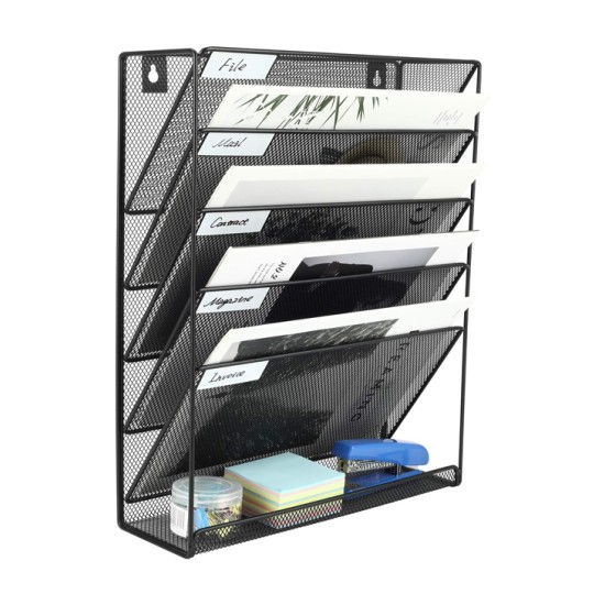 EasyPAG 6-layer wall-mounted file organizer, upgraded version. Five tilted compartments, lower tray, durable black metal mesh, modern minimalist style.
