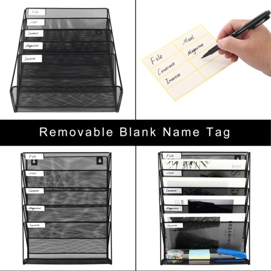 EasyPAG 6-layer wall-mounted file organizer, upgraded version. Five tilted compartments, lower tray, durable black metal mesh, modern minimalist style.