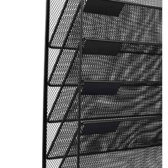 EasyPAG 6-layer wall-mounted file organizer, upgraded version. Five tilted compartments, lower tray, durable black metal mesh, modern minimalist style.