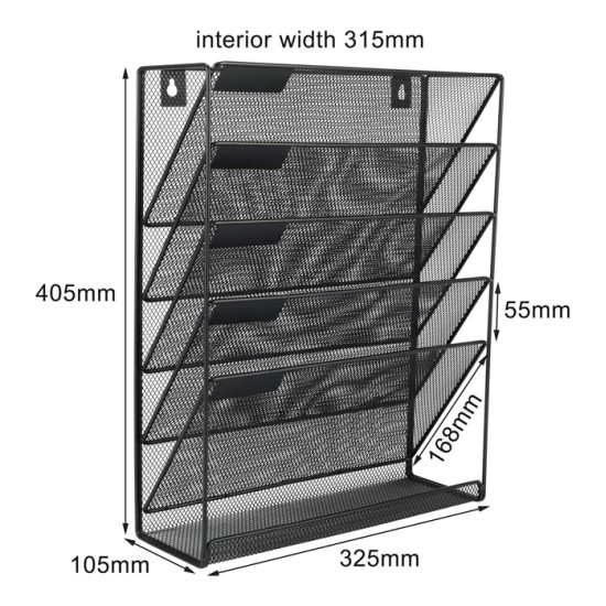 EasyPAG 6-layer wall-mounted file organizer, upgraded version. Five tilted compartments, lower tray, durable black metal mesh, modern minimalist style.