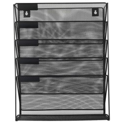 EasyPAG 6-layer wall-mounted file organizer, upgraded version. Five tilted compartments, lower tray, durable black metal mesh, modern minimalist style.