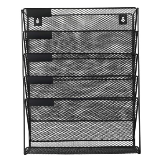 EasyPAG 6-layer wall-mounted file organizer, upgraded version. Five tilted compartments, lower tray, durable black metal mesh, modern minimalist style.