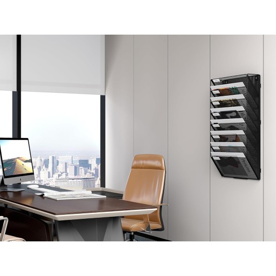 EasyPAG 8-layer wall-mounted document rack, black metal mesh, 8 compartments, magazine storage rack, efficient document management. EasyPAG 8-layer wall-mounted document rack, black metal mesh, 8 compartments, magazine storage rack, efficient document management.