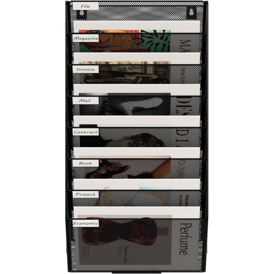 EasyPAG 8-layer wall-mounted document rack, black metal mesh, 8 compartments, magazine storage rack, efficient document management. EasyPAG 8-layer wall-mounted document rack, black metal mesh, 8 compartments, magazine storage rack, efficient document management.