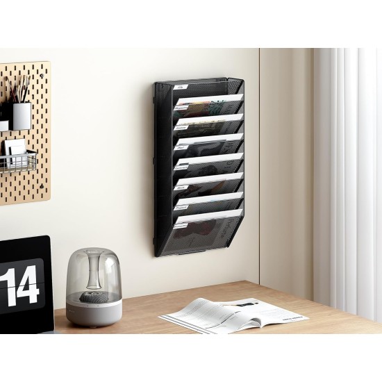 EasyPAG 8-layer wall-mounted document rack, black metal mesh, 8 compartments, magazine storage rack, efficient document management. EasyPAG 8-layer wall-mounted document rack, black metal mesh, 8 compartments, magazine storage rack, efficient document management.