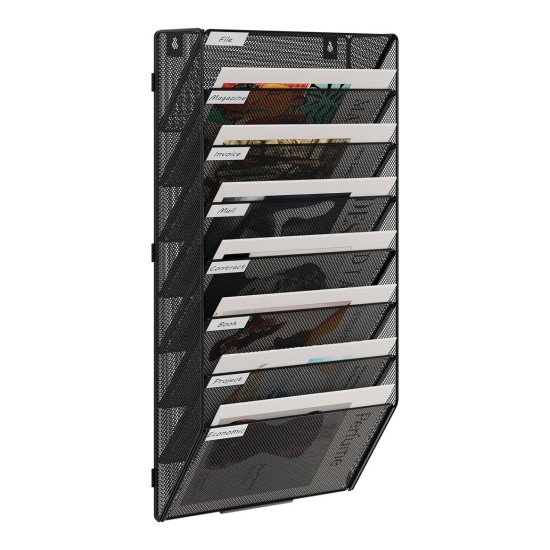 EasyPAG 8-layer wall-mounted document rack, black metal mesh, 8 compartments, magazine storage rack, efficient document management. EasyPAG 8-layer wall-mounted document rack, black metal mesh, 8 compartments, magazine storage rack, efficient document management.