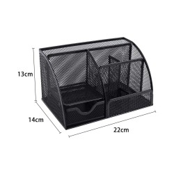 EasyPAG Black Grid Multi-function Stationery Storage Desktop Organizer Pen Holder with Drawer, Multiple Compartments, Durable Metal Construction, Suitable for Organizing Office Supplies.
