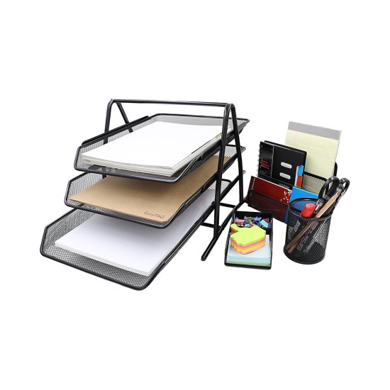 EasyPAG Office Storage 4-piece Set, Black, Durable Metal Grid Tray, File Tray, Pen Holder, Note Holder, Letter Sorter. EasyPAG Office Storage 4-piece Set, Black, Durable Metal Grid Tray, File Tray, Pen Holder, Note Holder, Letter Sorter.