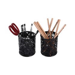 EasyPAG cylindrical pen holder, durable black metal, exquisite laser cut floral pattern, compact desktop organizer, perfect for students and professionals.