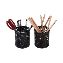 EasyPAG cylindrical pen holder, durable black metal, exquisite laser cut floral pattern, compact desktop organizer, perfect for students and professionals.