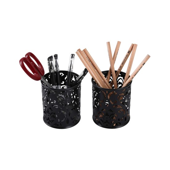 EasyPAG cylindrical pen holder, durable black metal, exquisite laser cut floral pattern, compact desktop organizer, perfect for students and professionals. EasyPAG cylindrical pen holder, durable black metal, exquisite laser cut floral pattern, compact desktop organizer, perfect for students and professionals.