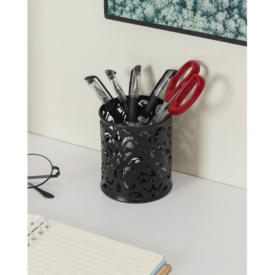 EasyPAG cylindrical pen holder, durable black metal, exquisite laser cut floral pattern, compact desktop organizer, perfect for students and professionals. EasyPAG cylindrical pen holder, durable black metal, exquisite laser cut floral pattern, compact desktop organizer, perfect for students and professionals.