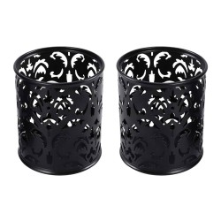 EasyPAG cylindrical pen holder, durable black metal, exquisite laser cut floral pattern, compact desktop organizer, perfect for students and professionals.