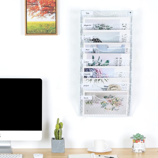 EasyPAG 8-Tier Tray Wall-Mounted File Rack, Mail Organizer, Magazine Paper Organizer, White, Wall-Mounted Grid Organizer, Multiple Compartments, Suitable for Offices, Waiting Rooms, Retail Locations. EasyPAG 8-Tier Tray Wall-Mounted File Rack, Mail Organizer, Magazine Paper Organizer, White, Wall-Mounted Grid Organizer, Multiple Compartments, Suitable for Offices, Waiting Rooms, Retail Locations.