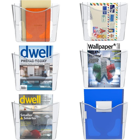 EasyPAG clear acrylic magazine rack, vertical, lightweight and sturdy, perfect for organizing magazines, brochures and notebooks. 6-pack. EasyPAG clear acrylic magazine rack, vertical, lightweight and sturdy, perfect for organizing magazines, brochures and notebooks. 6-pack.