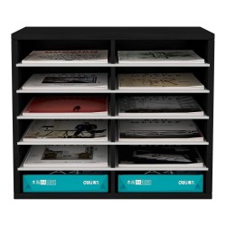 EasyPAG 6-Tier 12-Grid File Organizer in Matte Black Finish for Offices, Schools, and Creative Studios.