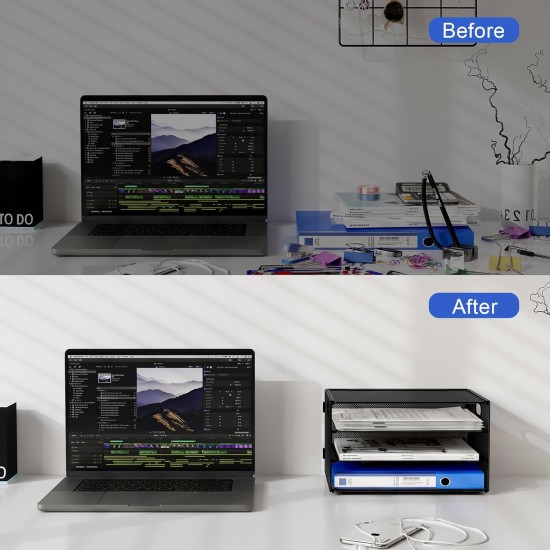 EasyPAG 3-layer desktop organizer, sturdy black metal mesh, promotes air circulation, portable handle, ideal for home or office. EasyPAG 3-layer desktop organizer, sturdy black metal mesh, promotes air circulation, portable handle, ideal for home or office.