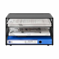 EasyPAG 3-layer desktop organizer, sturdy black metal mesh, promotes air circulation, portable handle, ideal for home or office.