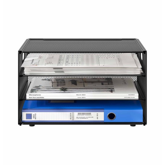 EasyPAG 3-layer desktop organizer, sturdy black metal mesh, promotes air circulation, portable handle, ideal for home or office. EasyPAG 3-layer desktop organizer, sturdy black metal mesh, promotes air circulation, portable handle, ideal for home or office.