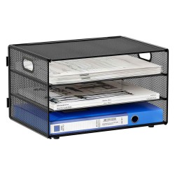 EasyPAG 3-layer desktop organizer, sturdy black metal mesh, promotes air circulation, portable handle, ideal for home or office.