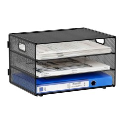 EasyPAG 3-layer desktop organizer, sturdy black metal mesh, promotes air circulation, portable handle, ideal for home or office.